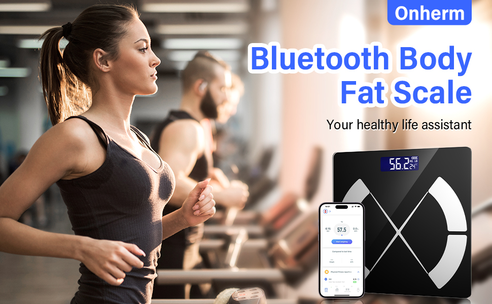 Вага для вимірювання жиру в тілі Onherm, цифрова вага з APP, Bluetooth, максимальне навантаження 180 кг, BMI, вага, м'язова маса, вода, протеїн, скелетна м'язова маса, вага кісток, BMR