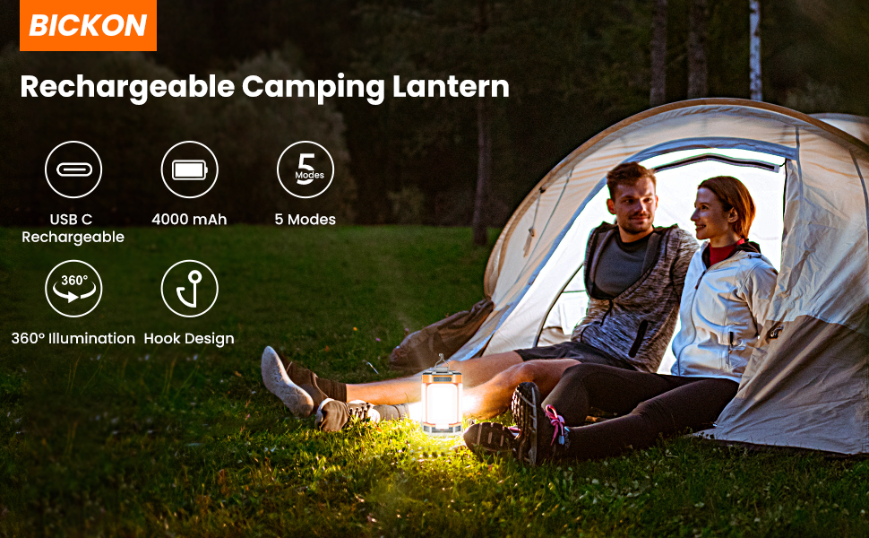 Кемпінгова лампа BICKON: 60 LED, 25 годин роботи, 4000mAh, 5 режимів, регулювання яскравості, для кемпінгу, походу, надзвичайних ситуацій