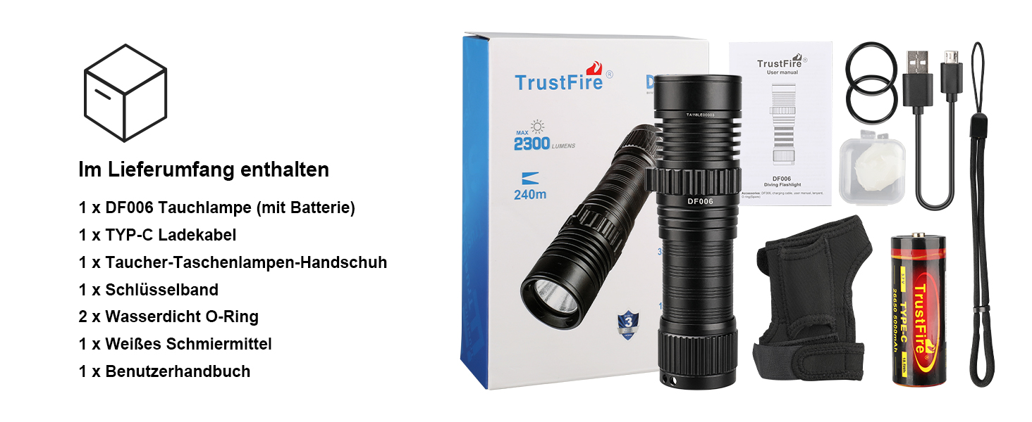 Ліхтар під водою Trustfire DF006, 2300 люмен, 100 метрів глибини, 3 режими, перезаряджається, з петлею, чорний
