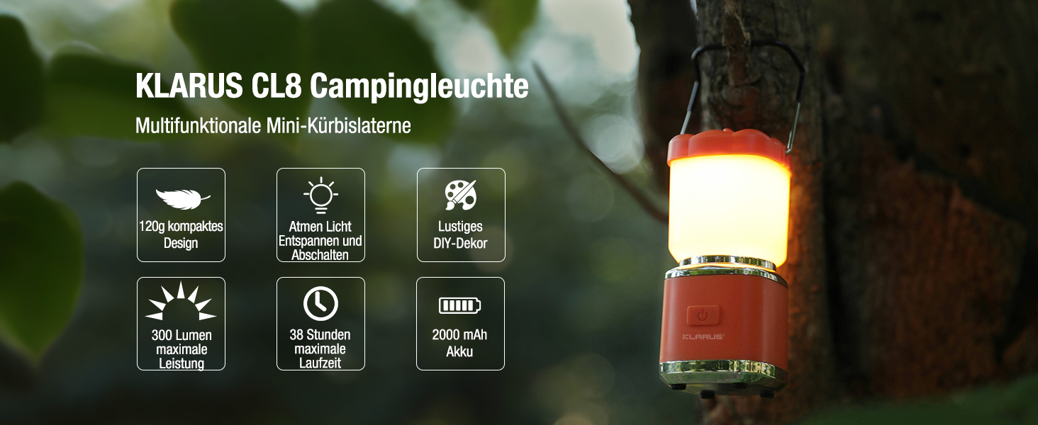 KLARUS CL8 Mini Camping-ліхтар: перезарядна LED-лампа з 5 режимами, водонепроникна IPX5, з гачком для намету, оранжева