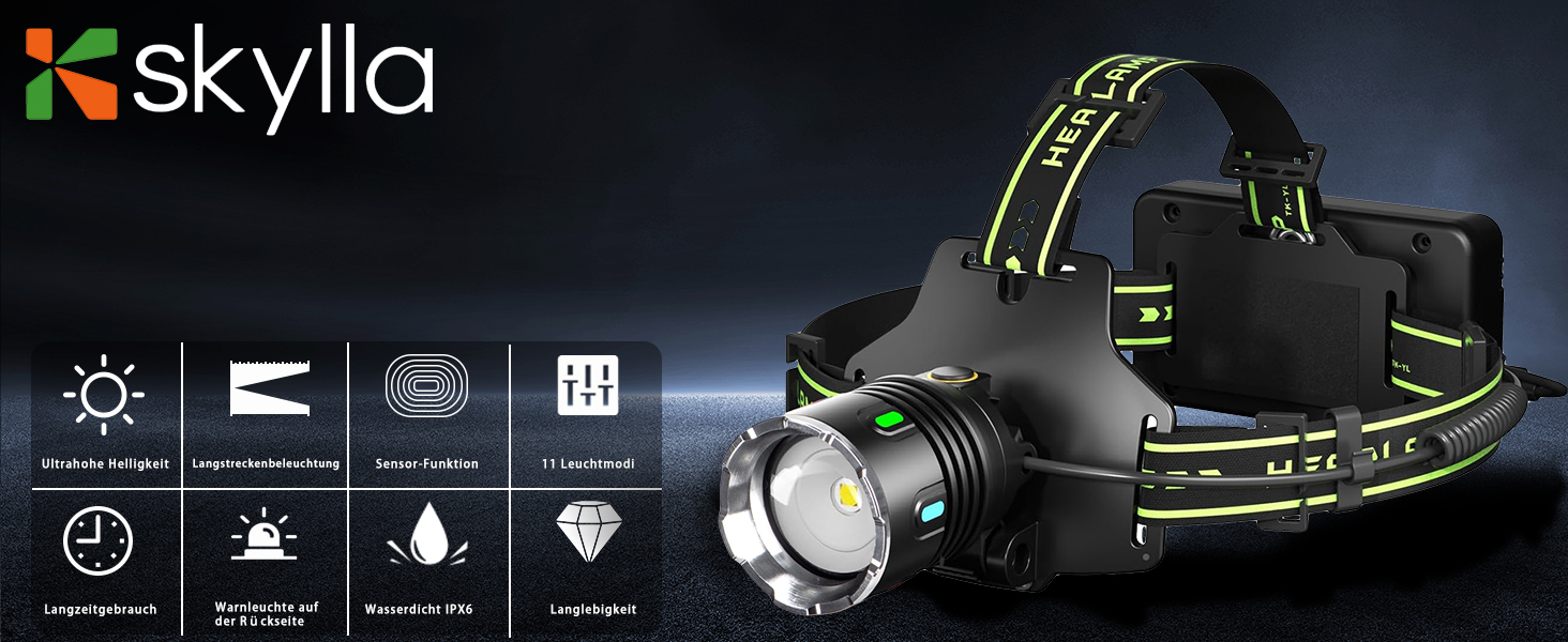 Ліхтар на голову Skylla LED акумуляторний, 250000 люмен, Zoom, 11 режимів, IP67, регульований, для кемпінгу та надзвичайних ситуацій