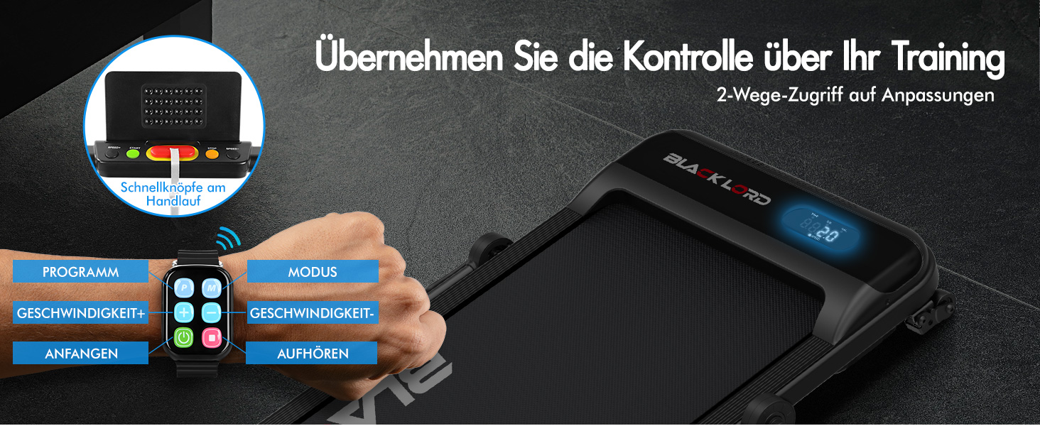 Walkingpad Laufband BLACK LORD MS2H: біговий доріжки для дому, 9-16 км/год, нахил до 9%, 2.2-3.2 PS, до 140 кг, LED-дисплей, мобільний додаток, тиха робота, чорний колір (з ручками)