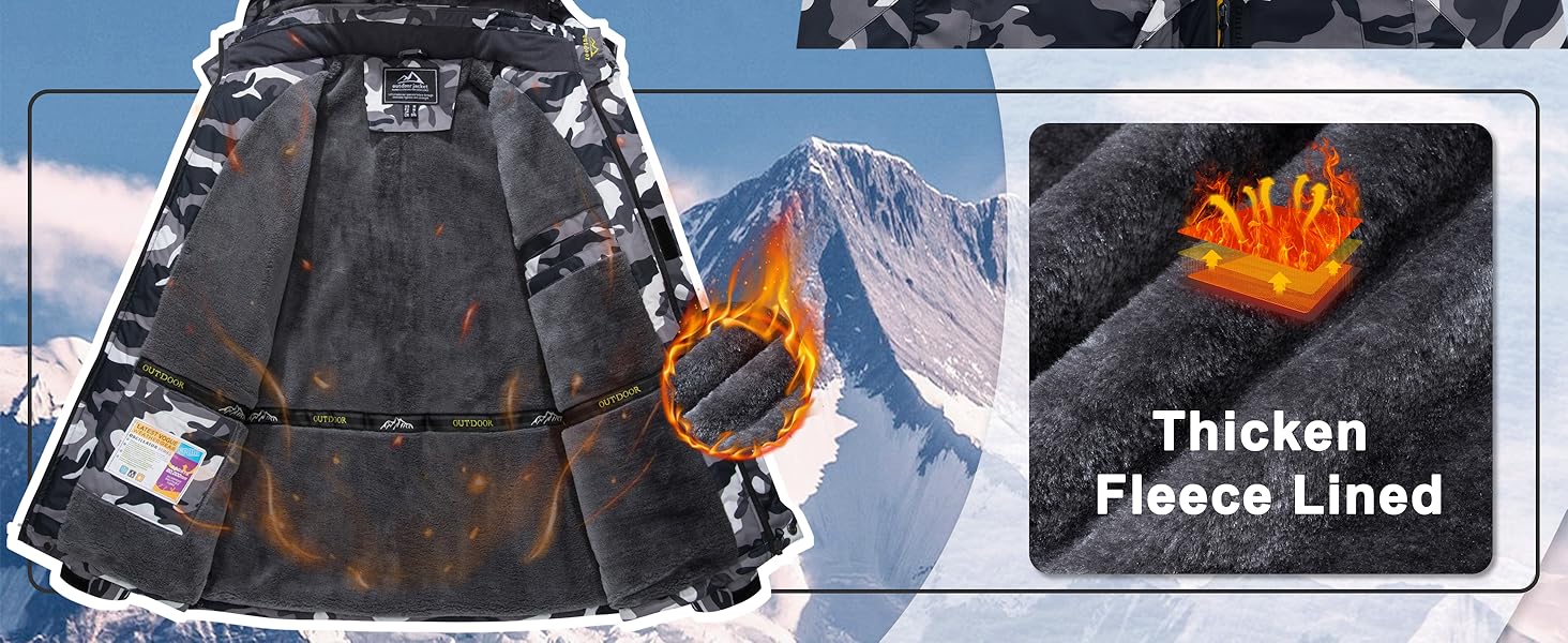 Чоловіча зимова флісова куртка MAGCOMSEN з підкладкою, для катання на лижах, Outdoor, вітронепроникна, водонепроникна, тепла, функціональна куртка з капюшоном для походів та кемпінгу (Чорний-Камуфляж, L)