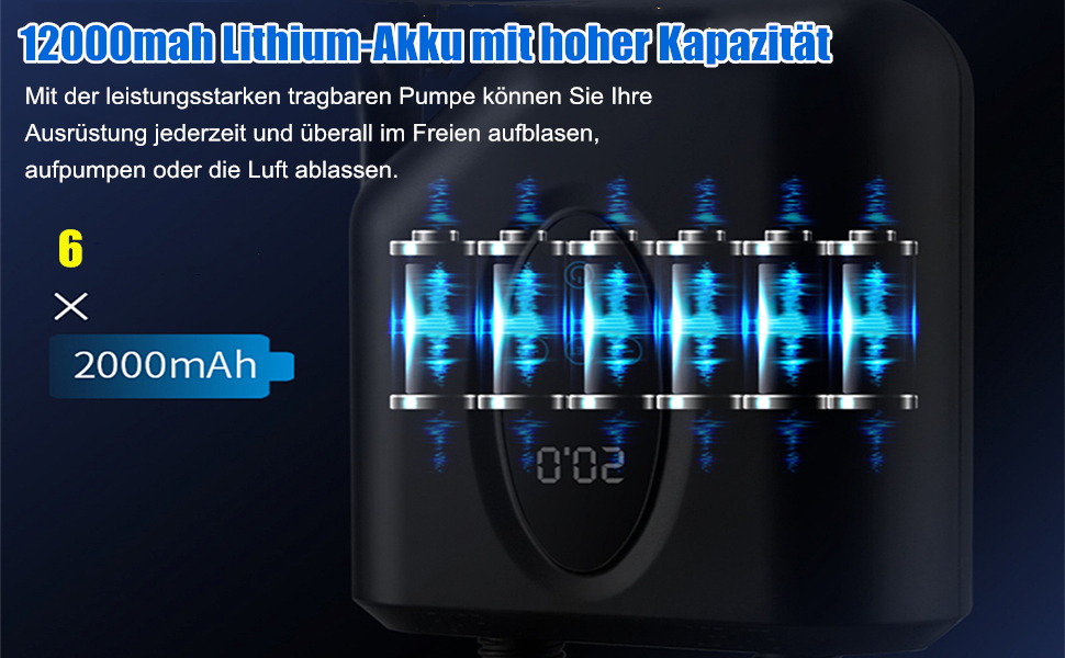 Електричний насос для SUP дошки, 20 PSI, бездротовий, 12000mAh, з двоступеневим надуванням/спусканням, автовимкнення, SOS, ліхтарик, чорний