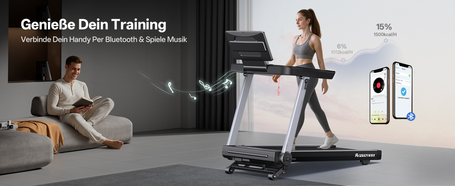 Біговий тренажер JOROTO для дому, складаний, 2.5PS, нахил 1-10%, LED дисплей, 15 програм, 1-16 км/год, велика площа бігової доріжки 130×48 см, Bluetooth, Kinomap, вантажопідйомність 150 кг, чорний