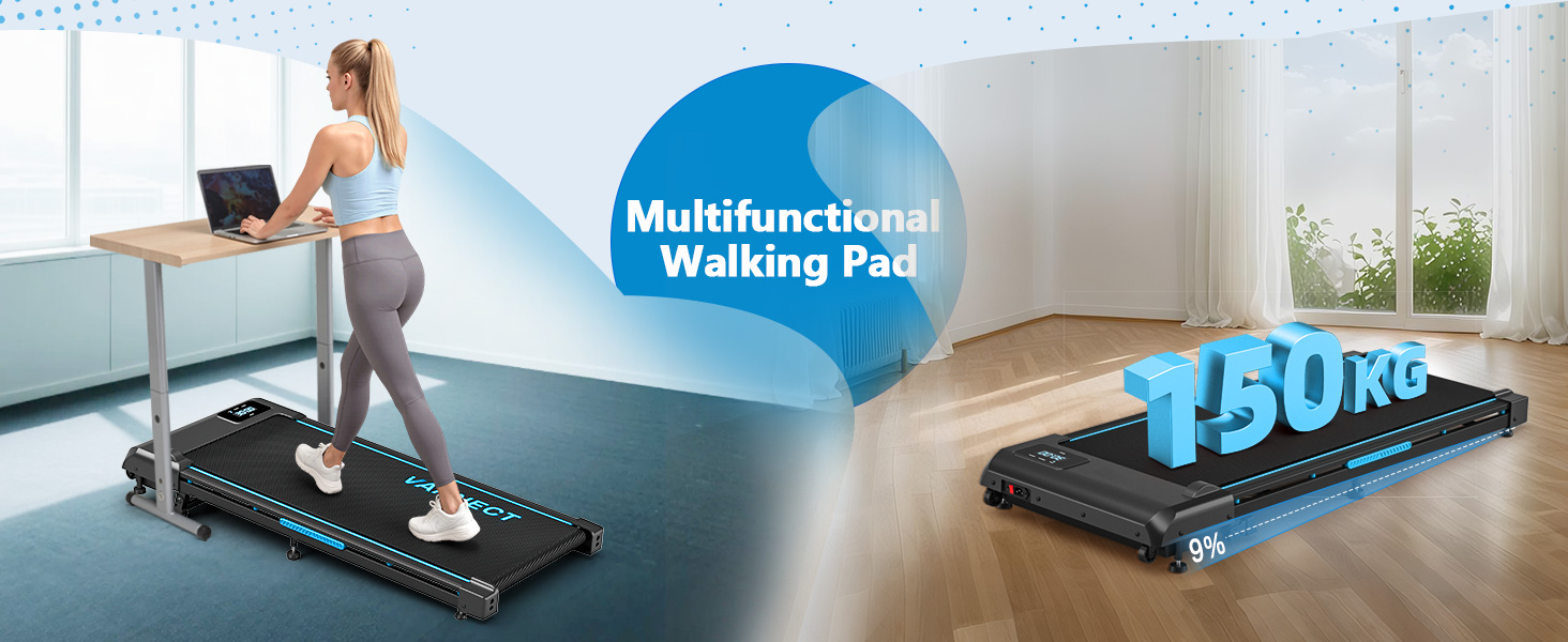 Walking Pad VANNECT: компактний біговий тренажер для дому з регулюванням нахилу, LED-дисплеєм та пультом керування. Максимальне навантаження 150 кг, без монтажу.