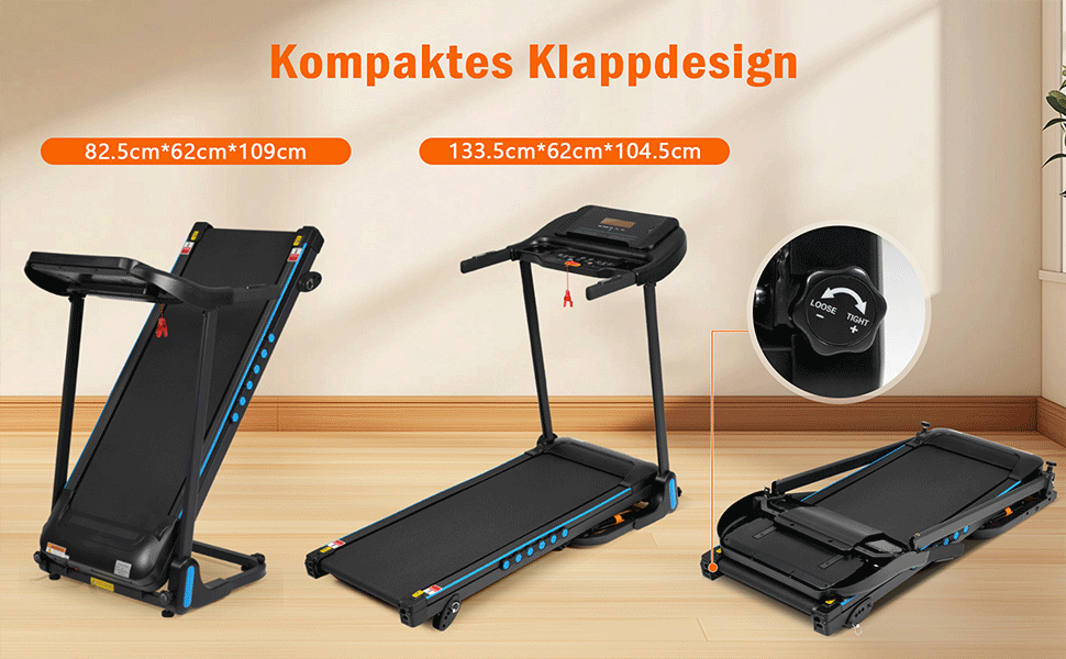 Бігова доріжка для дому Klappbares Laufband з нахилом 8%, до 14 км/год, 3.0 к.с., LED-дисплей, Bluetooth, до 120 кг (Чорна, 125x62x106 см)