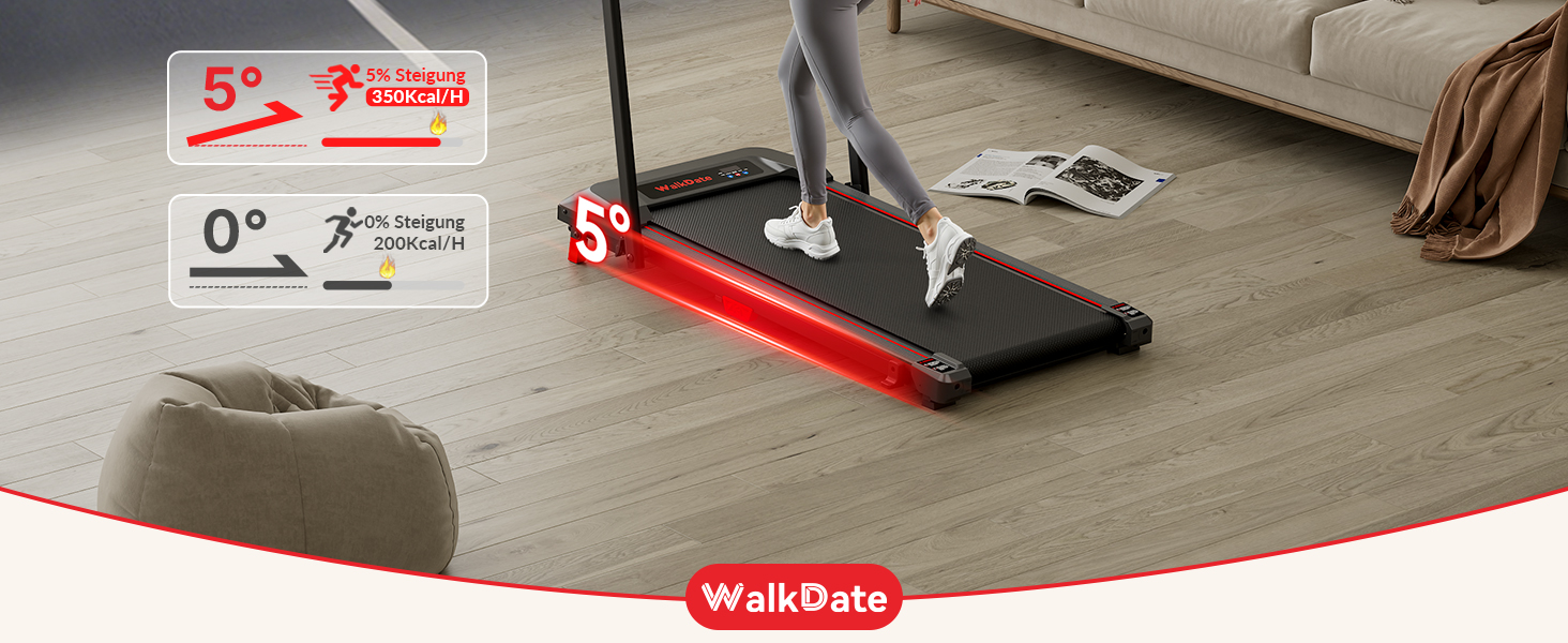 Біговий доріжки з нахилом 5%, компактний під стіл для дому та офісу, портативна бігова машина з LED дисплеєм, пульт дистанційного керування, вантажопідйомність 150 кг, 2.5HP тихий двигун (Чорний/Червоний)