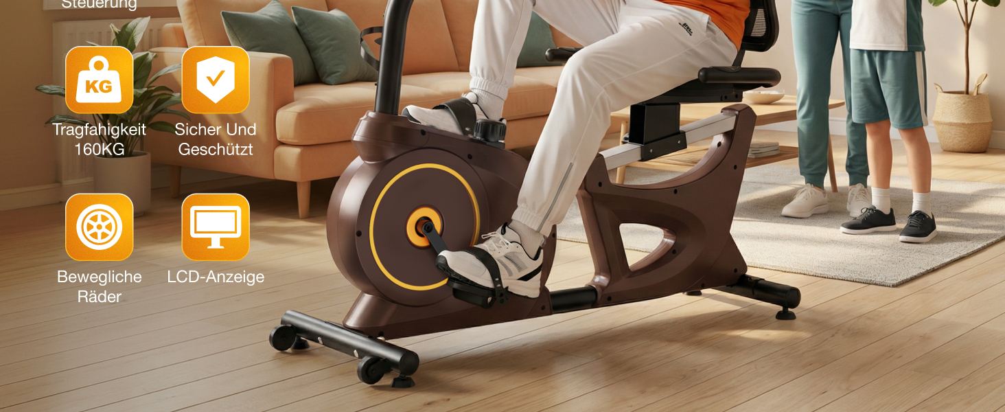 Ергометр для дому з магнітною гальмом, датчиками пульсу та LCD-дисплеєм, 15 рівнів опору, з підніжкою для спини, для людей похилого віку. Міцна конструкція, декілька налаштувань, колір горіх.