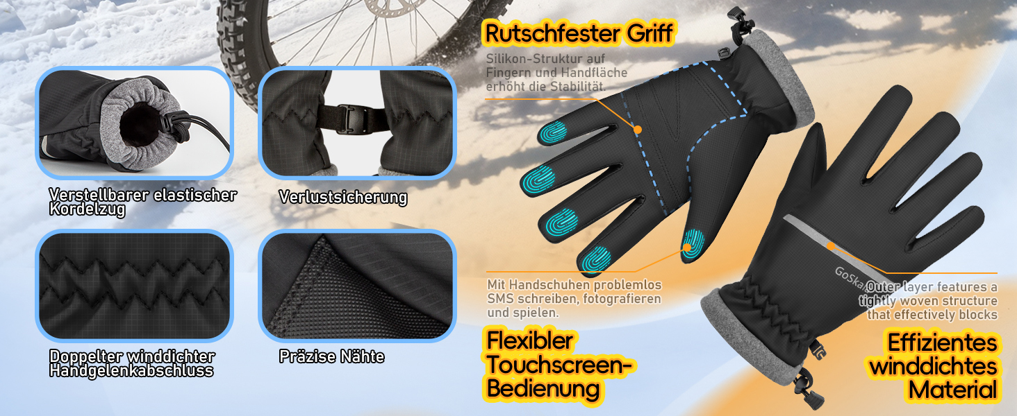 Рукавички GoSkala для жінок та чоловіків - зимові велосипедні рукавички, теплі рукавички для катання на лижах, водонепроникні, з підтримкою сенсорного екрану, спортивні рукавички для бігу, їзди, походів, чорні
