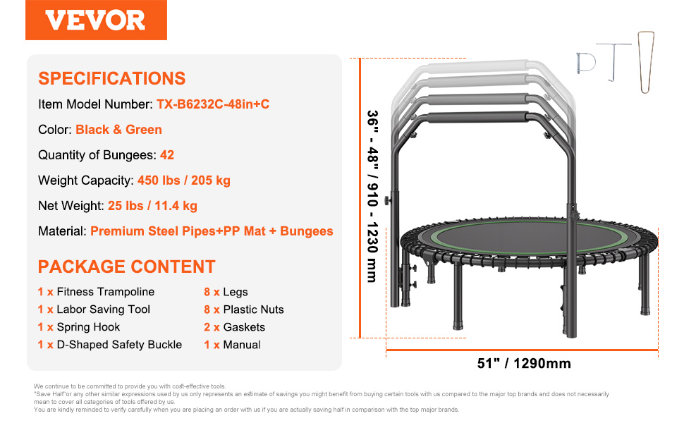 Міні-трамплін VEVOR для фітнесу та ребаунду, діаметр 1295 мм, вантажопідйомність 205 кг, з регульованим руків'ям та 42 ременями