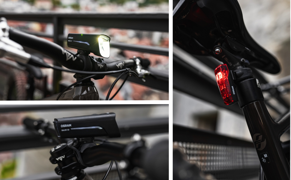 Набір велосипедних LED-ліхтарів OSRAM Race 100, акумуляторні, передній і задній ліхтар зі стоп-сигналом, StVZO, 3 режими яскравості, 50 люкс