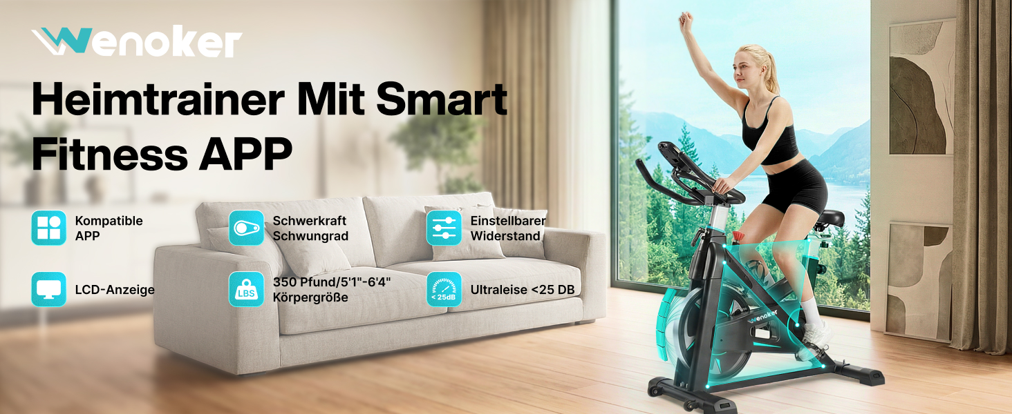 WENOKER Велотренажер для дому з магнітним опором, Indoor Bike з LCD-монітором, тиха робота, важке махове колесо, турецький колір