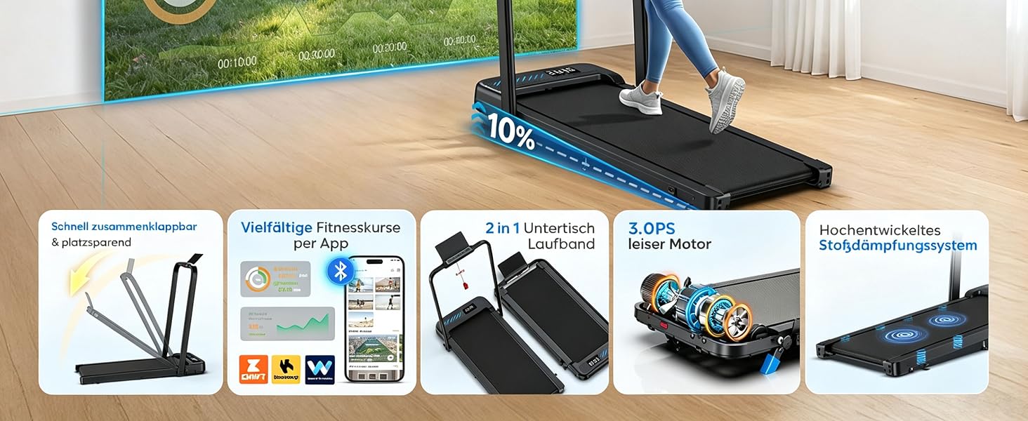 Складана бігова доріжка для дому Cardirun 6-в-1, Walking Pad з нахилом 10%, чорна