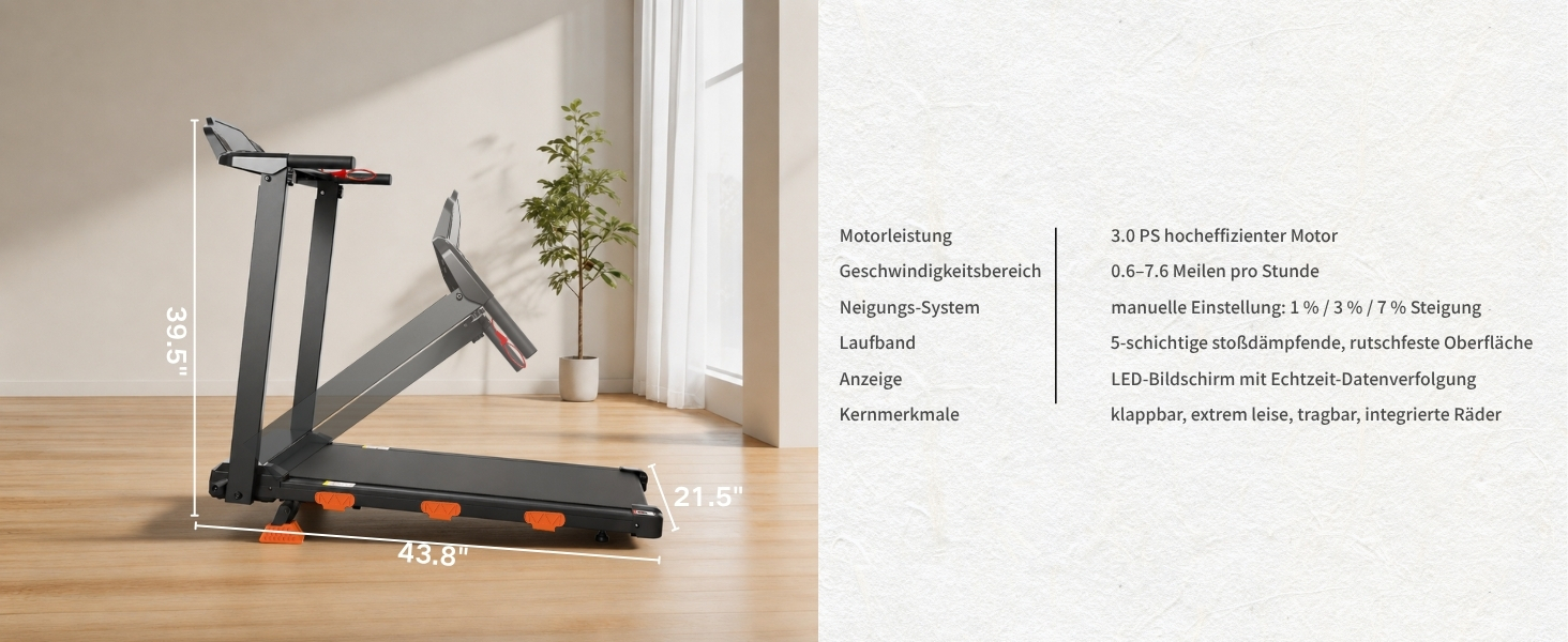 Складана бігова доріжка JEEKEE Walking Pad для дому та офісу, з нахилом 15%, двигун 3.0 к.с., максимальна вага 159 кг, чорна
