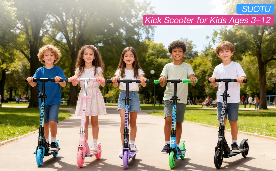 Самокат дитячий SUOTU з колесами 145 мм, до 100 кг, світлодіодами, складаний, регульована висота, для хлопчиків та дівчаток, алюмінієвий, чорний