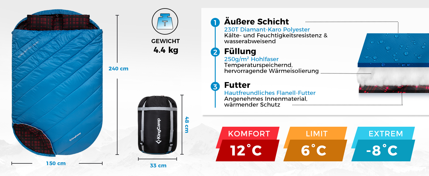 Спальний мішок KingCamp для 2 осіб з фланелі, зимовий, теплий, 3-4 сезони, з 2 подушками, для кемпінгу та відпочинку на природі (синьо-блакитний)