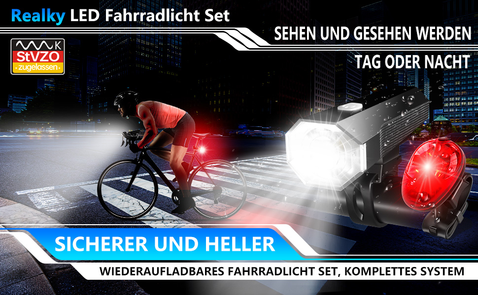 Набір LED-ліхтарів для велосипеда, перезаряджуваний, сертифікований STVZO, водонепроникний, з USB-зарядкою. Фронтальний та задній ліхтарі для велосипеда. Чорний.
