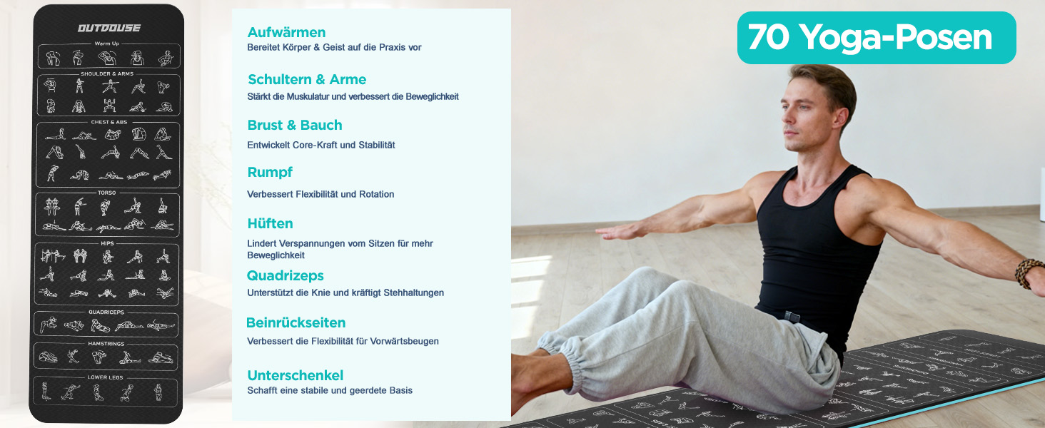 Килимок для йоги спортивний – 70 надрукованих поз, неслизький матеріал TPE, для гімнастики, пілатесу, дому та подорожей, фітнес килимок для жінок та чоловіків, 181x63x0,6 см (зелений та чорний)