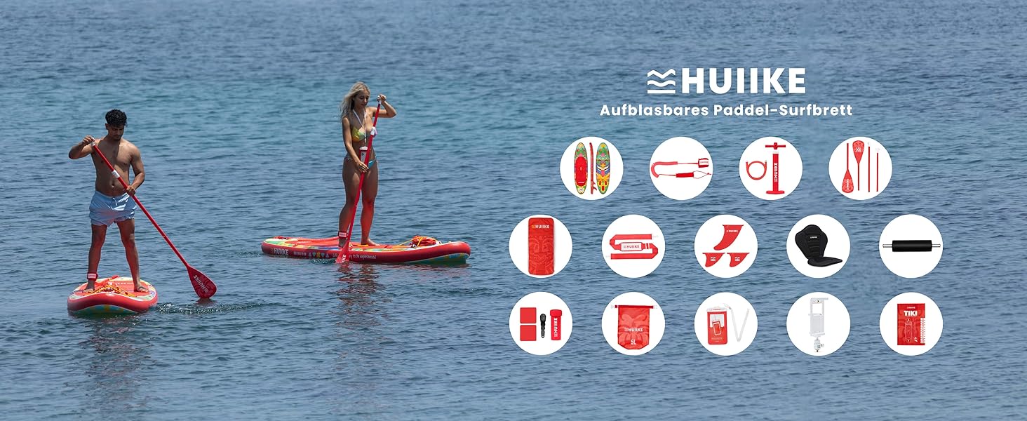 Надувний SUP-борд HUIIKE з аксесуарами: весло, фіни, насос. Стабільний та міцний SUP-борд для стабільного катання. Розмір 305 x 84 x 15 см, вантажопідйомність до 130 кг (Tiki - Full Pack)