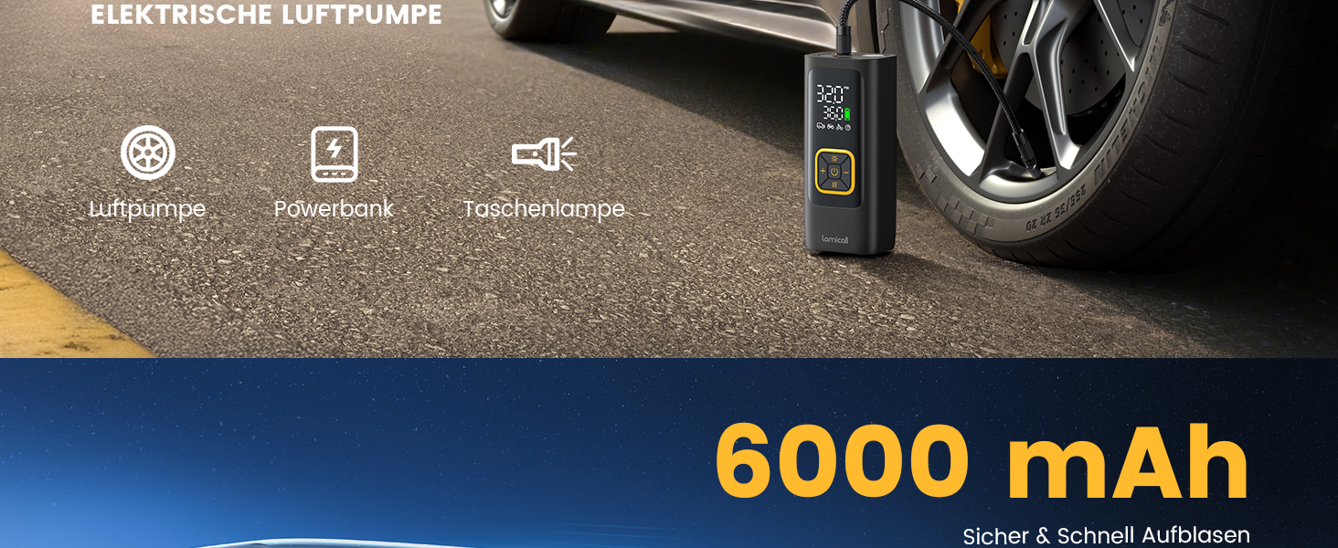 Електрична повітряна помпа Lamicall для велосипеда, авто, мотоцикла та м'ячів - 150PSI, з LED-ліхтариком (оновлена)