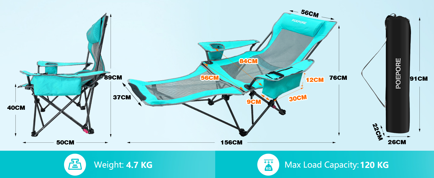 Крісло для кемпінгу Poeopore складне з підставкою для ніг, 4-х секційне, для відпочинку на пляжі та риболовлі, витримує до 120 кг, з кишенькою-холодильником, подушкою та тримачем для напоїв, блакитне