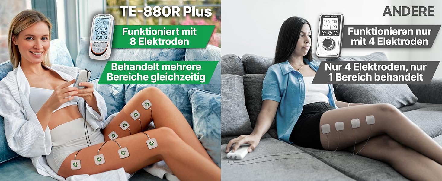 TESMED TE-880R Plus: Музелелектричний стимулятор TENS EMS, пристрій для зняття болю та масажу, 73 програми (2 налаштовуються), 8 електродів