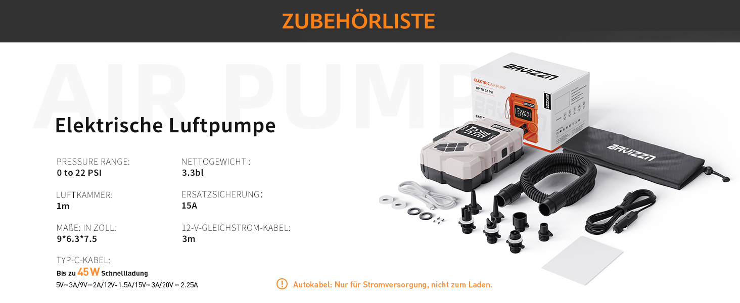 Електричний насос для SUP-дошки 12V DC 22PSI з Type-C, 7 насадок (HELLERE GRAU)