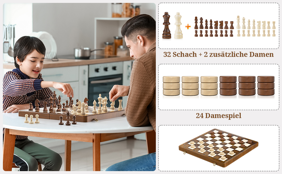 Шахи магнітні 2в1 - 39x39 см, складане шахове поле з дерева, преміум-якість, 32 фігури + 2 дами, для дорослих та дітей