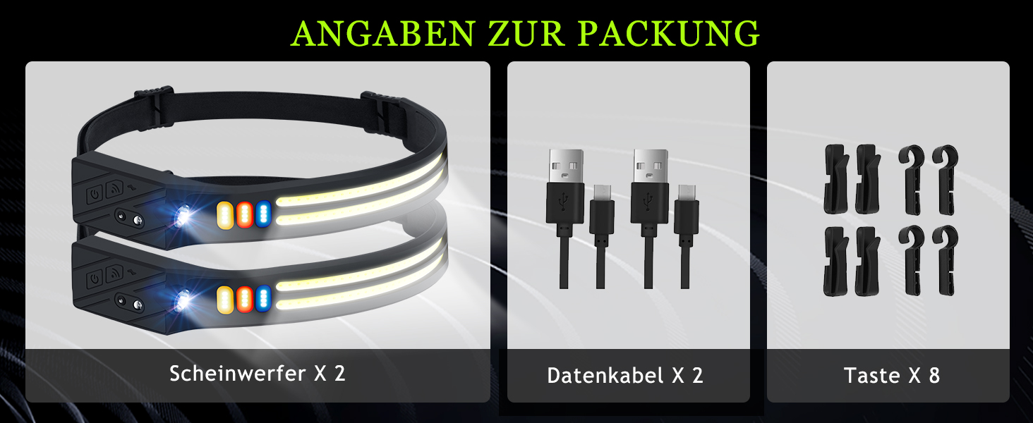 LED налобний ліхтар з акумулятором, ультратонкий, з інтелектуальним сенсором, 1500mAh, супер яскравий, 2 шт. 9 режимів світла, 4 кольори, легкий, водонепроникний для кемпінгу, бігу, риболовлі