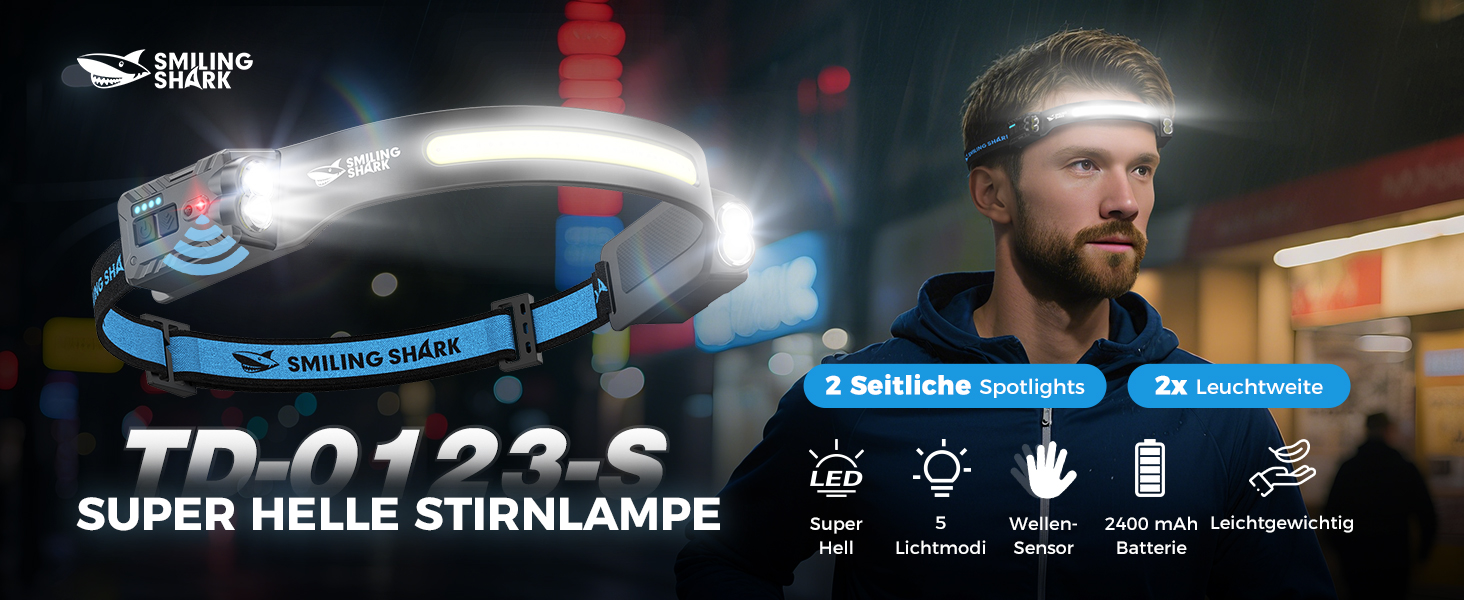 Налобний ліхтар Smiling Shark 2400mAh з 315° поворотом, 2 світлодіоди, сенсор руху, мультимодний, для кемпінгу та туризму