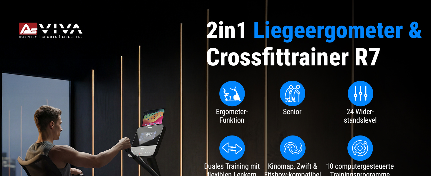 Велотренажер AsVIVA R7 Liegeergometer: Електричний, з сидінням та спинкою, 24 програми, 18 кг маховик, вимірювання пульсу