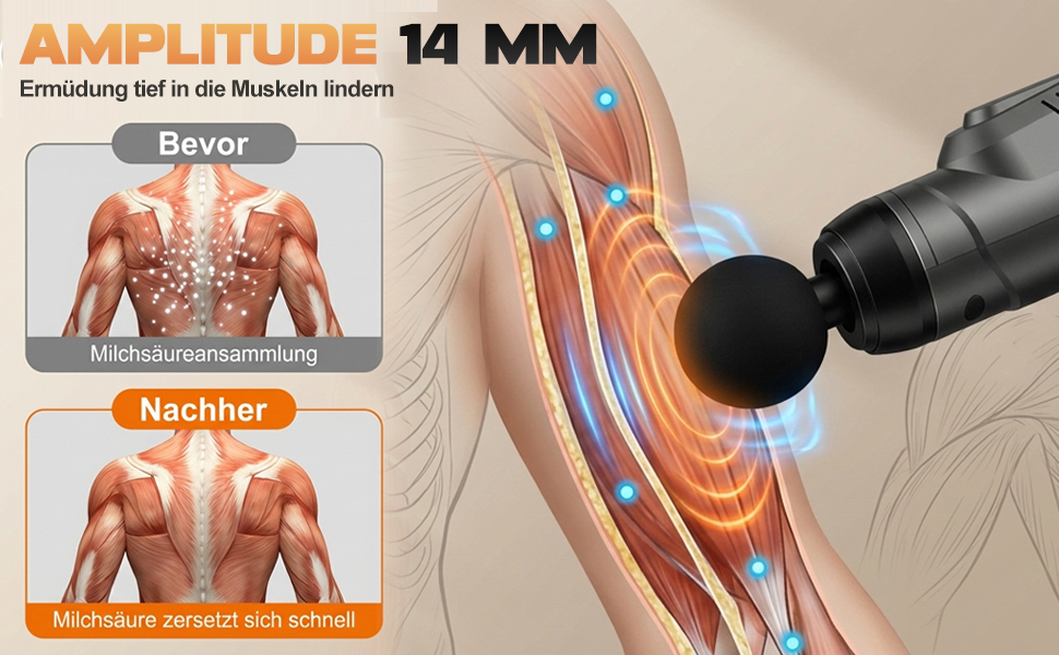 Масажний пістолет Massage Gun для м'язів: перкусійний масажер з 99 швидкостями, 8 насадками, до 9800 об/хв, амплітуда 14 мм, LED сенсорний екран, 35 дБ, чорний