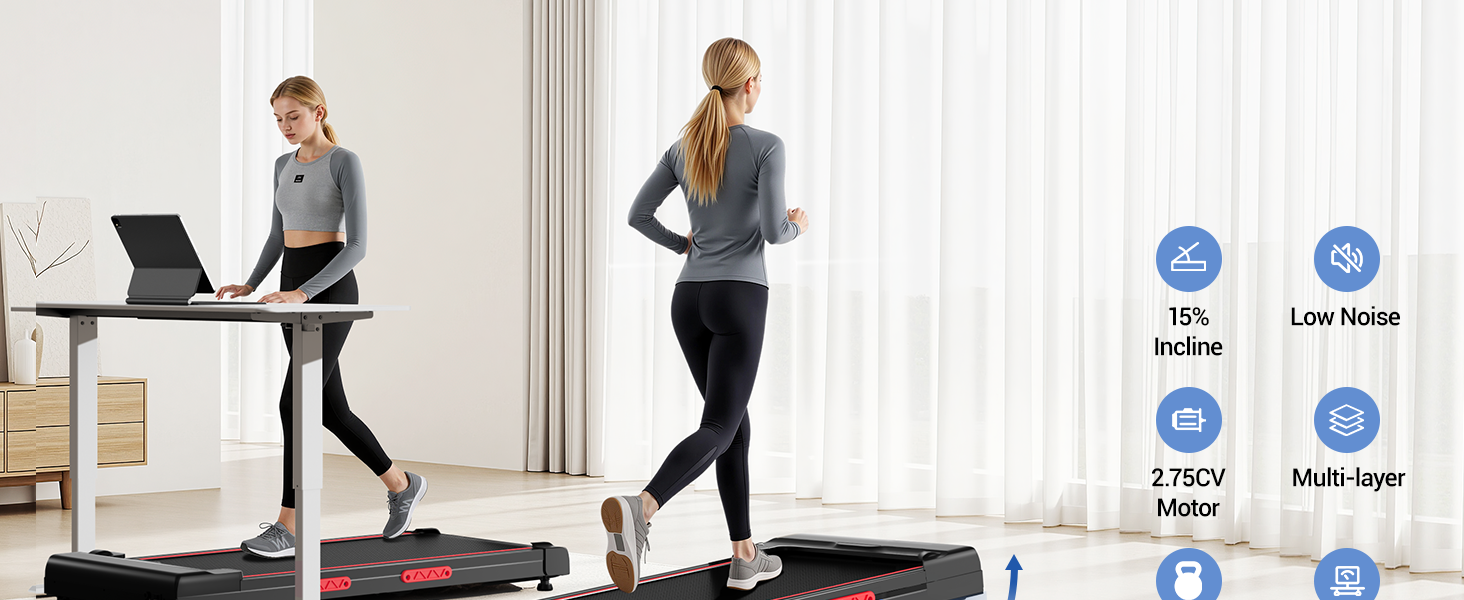 UMAY Walking Pad - біговий килимок для дому з регулюванням нахилу 15% та безшумним мотором, підтримує вагу до 136 кг