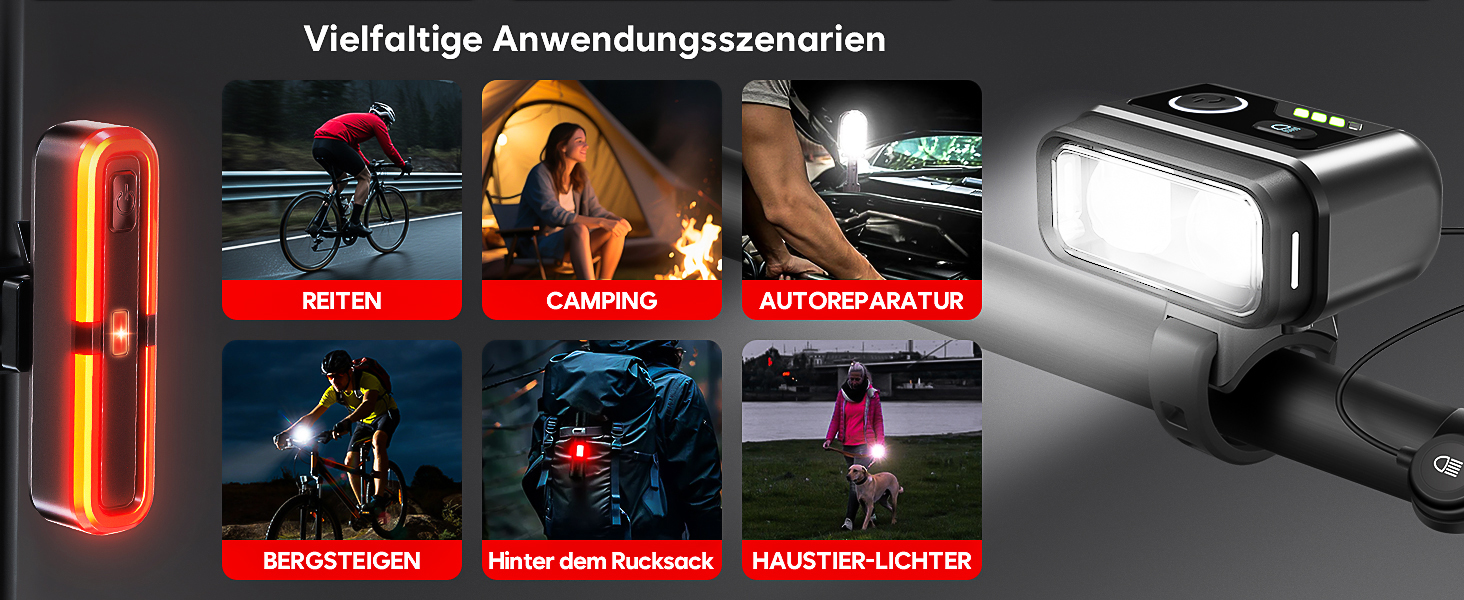 Набір велоліхтарів 100LUX: фара та задній ліхтар з гальмівним сигналом, акумулятор 3200mAh, StVZO, IPX5, для велосипеда, MTB, Ebike