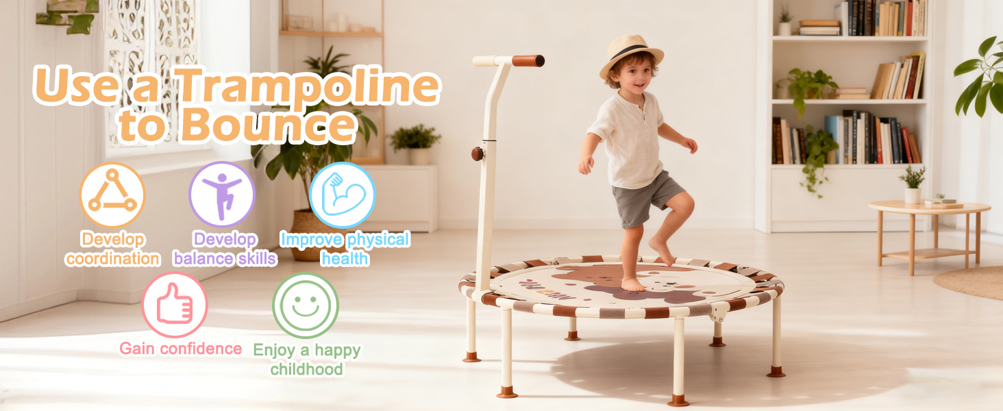 Батут дитячий для дому та саду Ø101 см з регульованою ручкою та пружинним ременем, батут для фітнесу для хлопчиків та дівчаток від 3 років, до 80 кг, бежевий