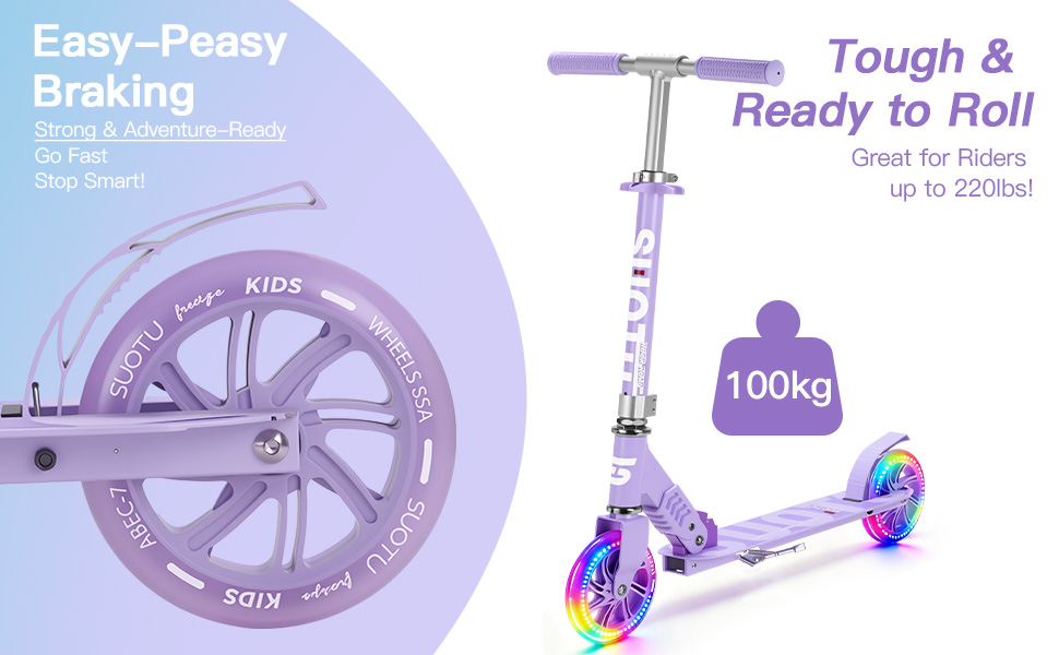 Самокат дитячий SUOTU з колесами 145 мм, до 100 кг, світлодіоди, складаний, регульована висота, для хлопчиків та дівчаток, алюмінієвий (Фіолетовий)