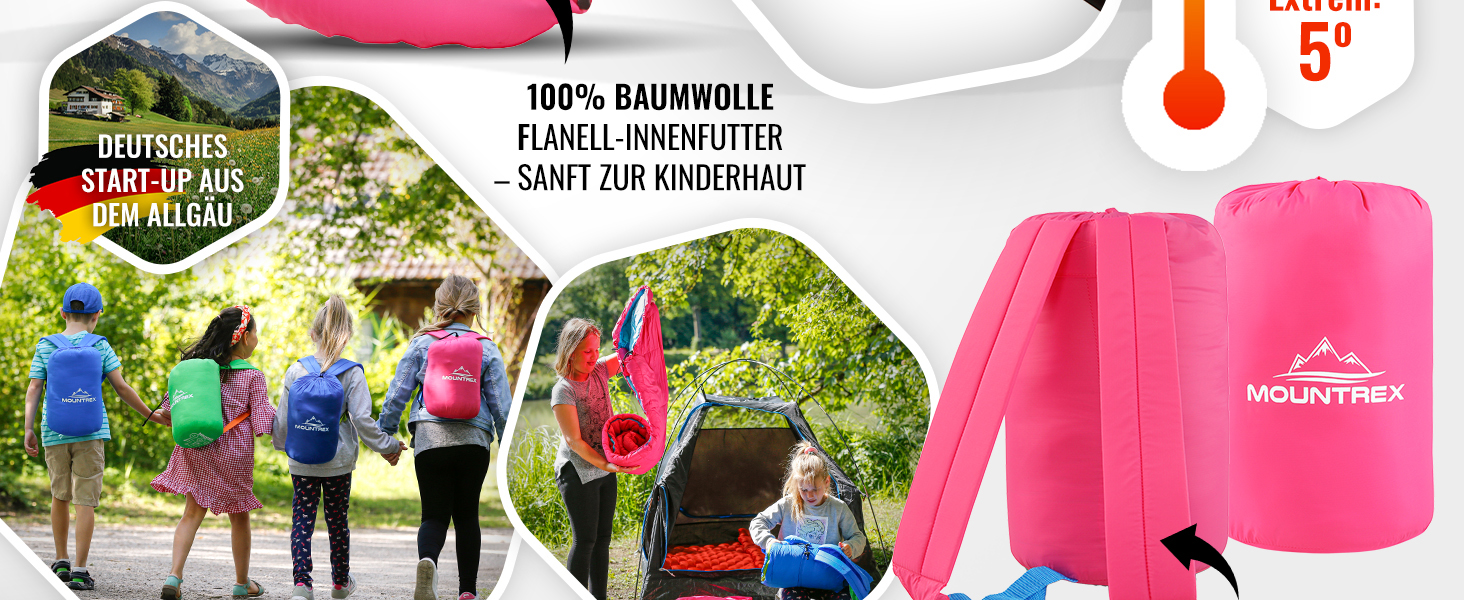 Дитячий спальний мішок MOUNTREX® - 175x70x45 см - для кемпінгу, подорожей, відпочинку на природі. 100% бавовна, рожево-блакитний, легкий, компактний, мумієподібний.