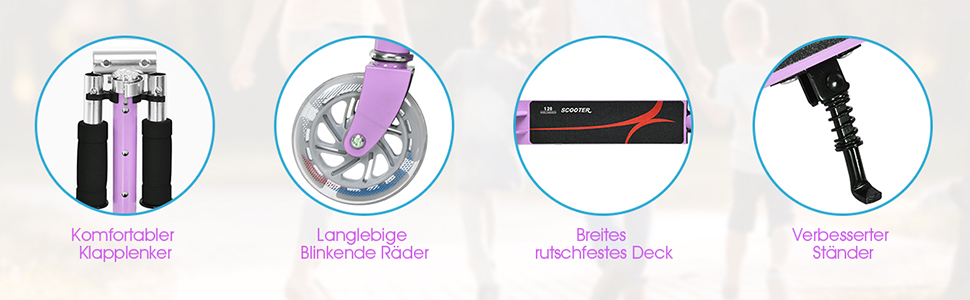 Дитячий ролер COSTWAY з LED-колесами, регульована висота, для дітей від 4 років, до 70 кг, ролер-каталка для хлопчиків та дівчаток (фіолетовий)