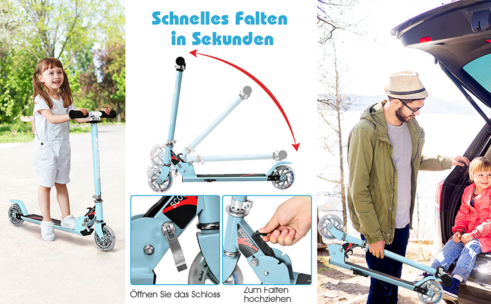 Дитячий ролер COSTWAY з LED-колесами, для дітей від 4 років, до 70 кг, регульована висота, блакитний