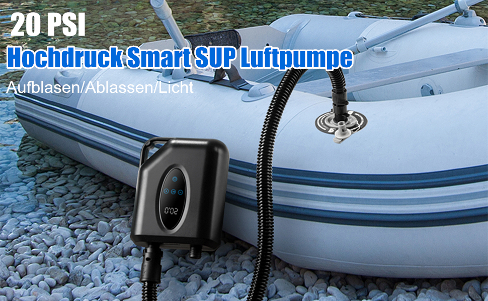 Електричний насос для SUP дошки, 20 PSI, бездротовий, 12000mAh, з двоступеневим надуванням/спусканням, автовимкнення, SOS, ліхтарик, чорний