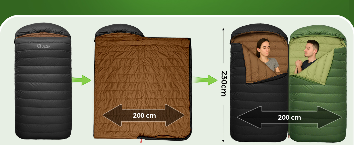 Спальний мішок XXL з пуху 3-4 сезони, 230x100 см, чорний. Підходить для дорослих, кемпінгу, походів та рюкзаків. Легкий та теплий