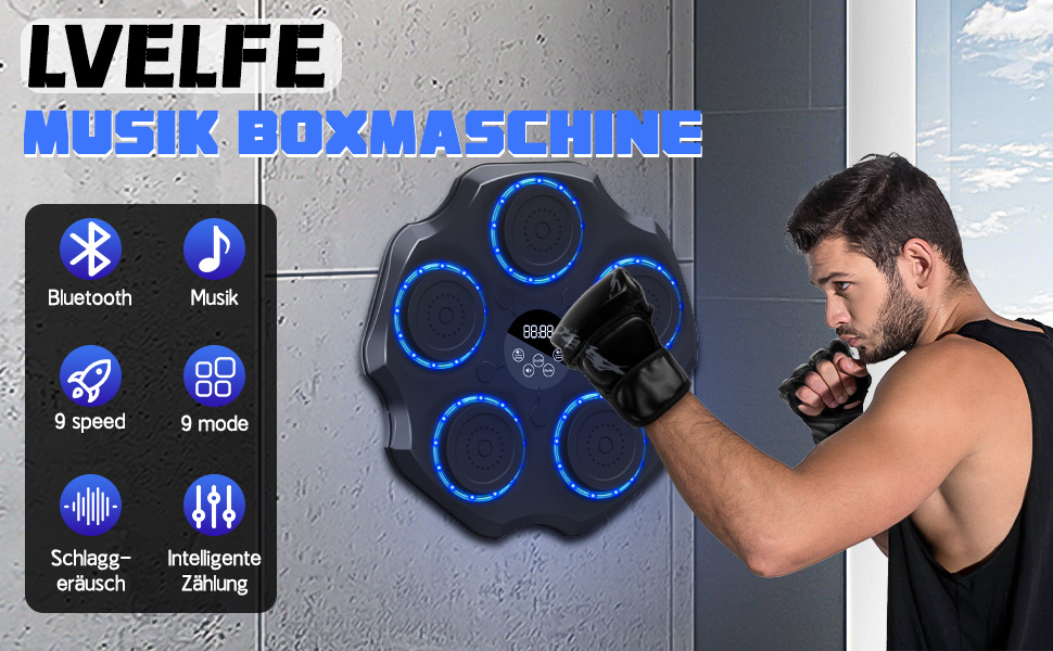 Музична боксерська машина Lvelfe з LED-підсвічуванням, Bluetooth, 9 режимів швидкості та лічильником, чорна
