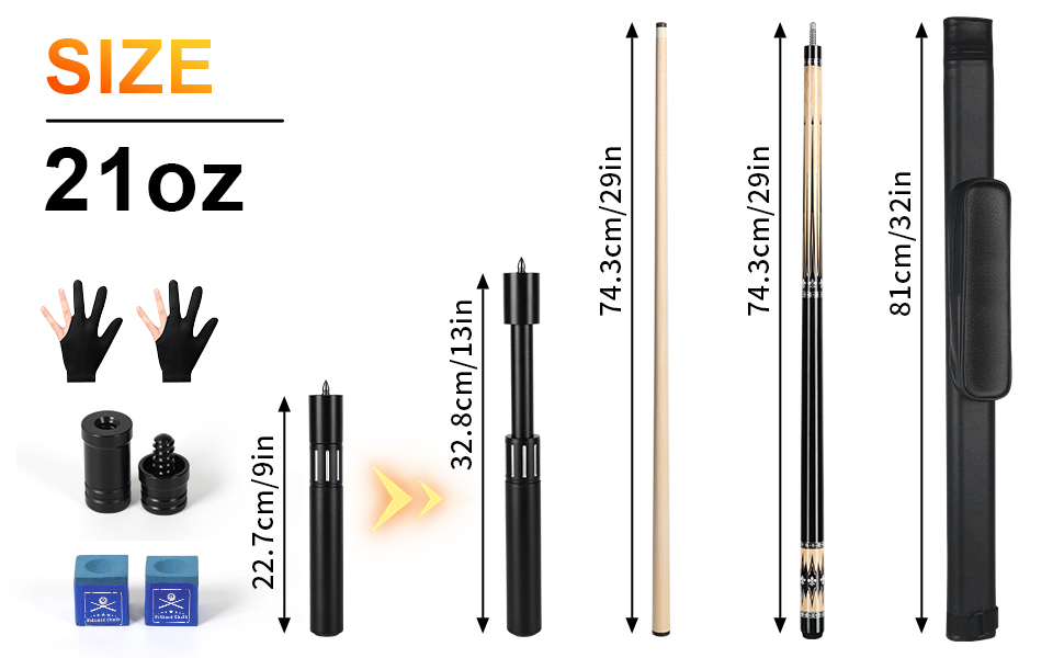 AKLOT Більярдний кий професійний з телескопічним подовженням, канадська береза, з кейсом для кия, 147 см (58''), 538-595 г (19-21oz) (Сріблястий 595 г)