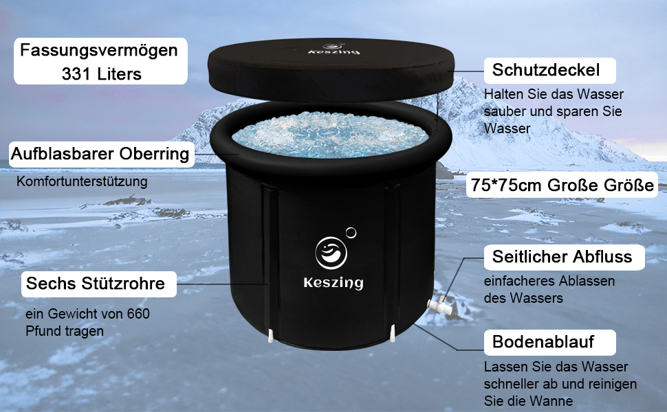Складна ванна Keszing Крижана ванна Надувна ванна Доросла крижана бочка для купання Складна ванна для льоду Окремо стояча бочка для льоду Складна бочка для ванни Ванна з льодом Крижана ванна (чорна-75x75см)