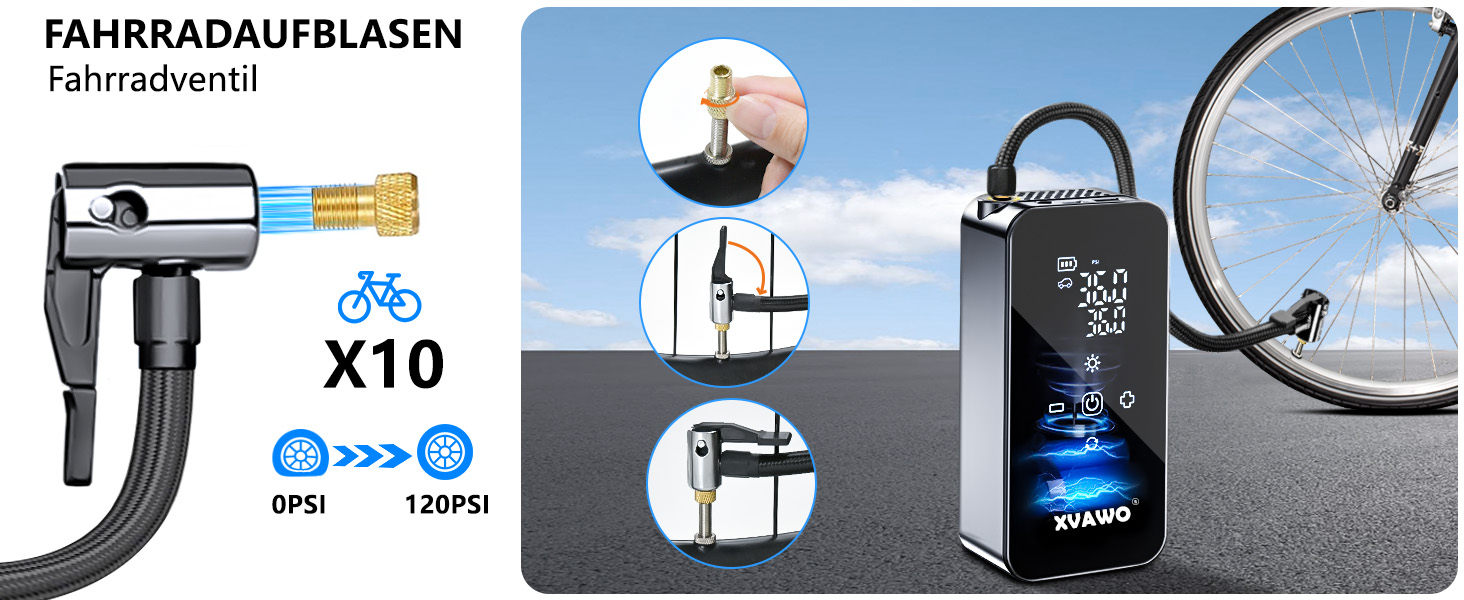 Електричний міні-компресор для накачування шин: насос для велосипеда, авто, мотоцикла, електровелосипеда та м'ячів з цифровим дисплеєм та акумулятором