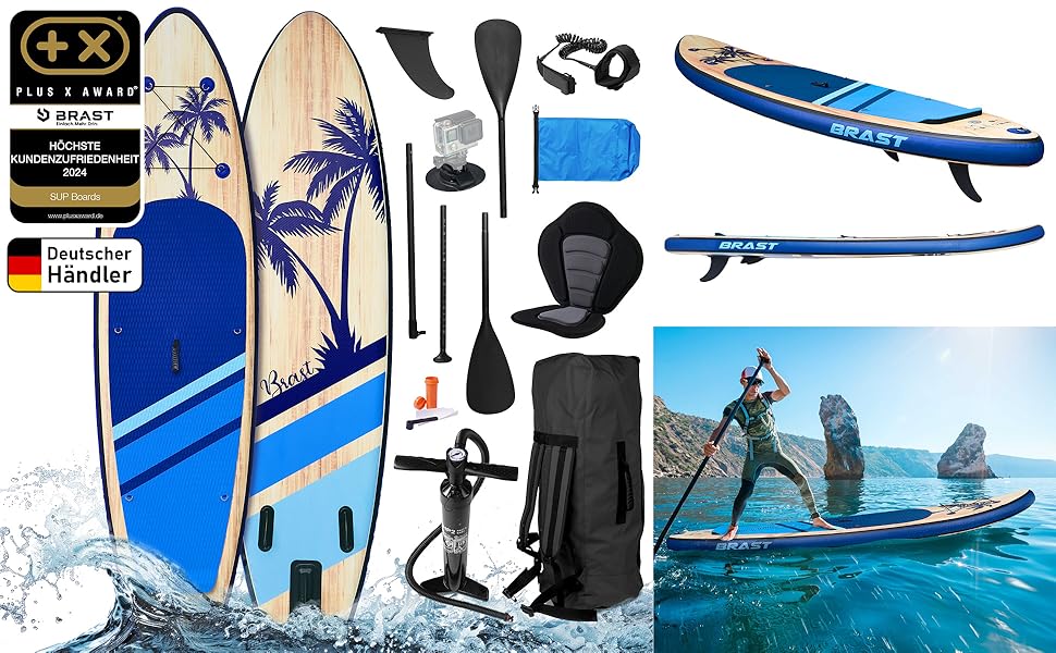 Надувний SUP Борд BRAST Tropic | Комплект для станд-ап паддлбордингу | 320x81x15см | 6 дизайнів | 5 років гарантії | з аксесуарами | 2в1: SUP та каяк, крісло, тримач Action-Cam, петля для ніг, насос, рюкзак (Блакитний)