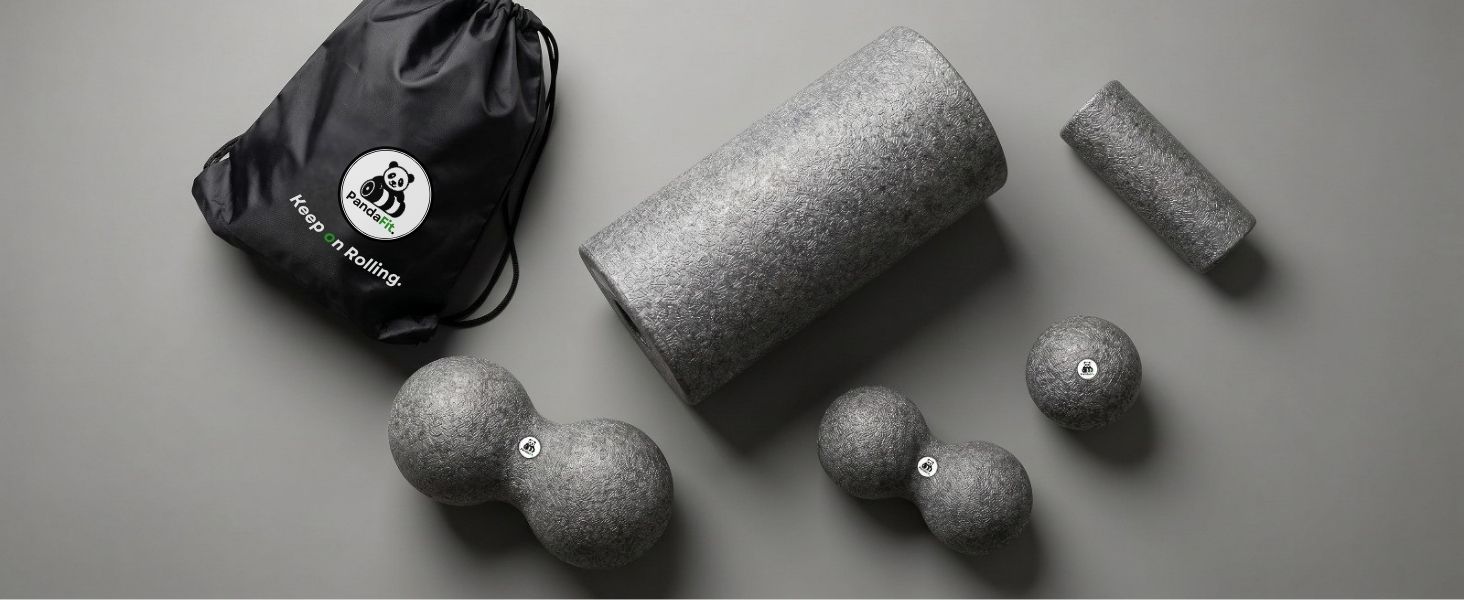 Набір масажних роликів та м'ячів PandaFit для м'язів та спини (5 предметів), EPP піна, з сумкою для перенесення