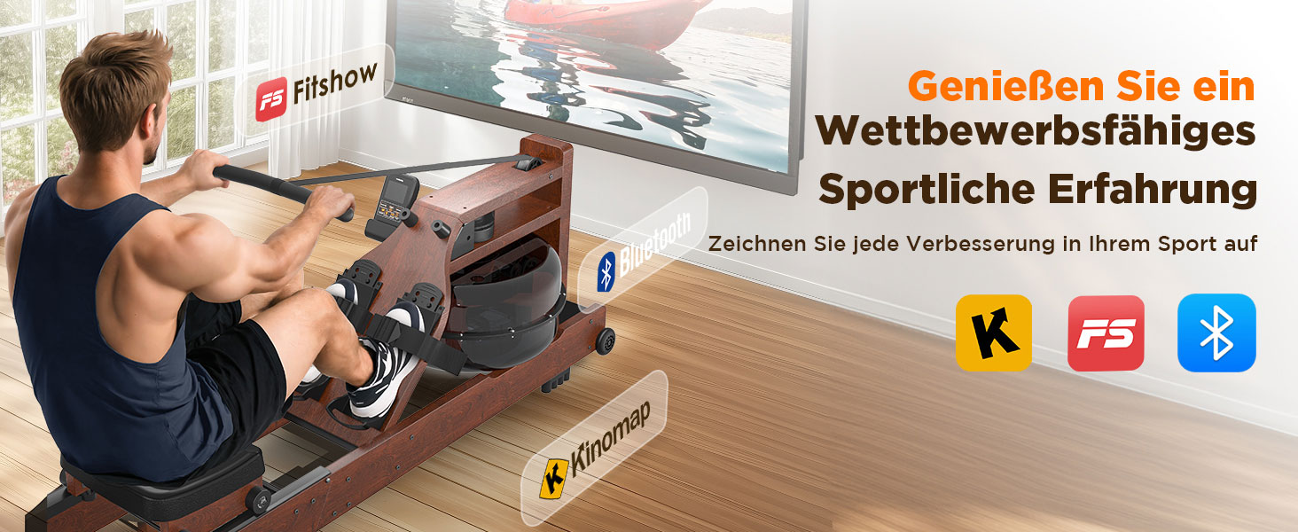 Гребний тренажер YOSUDA 2025 Neu Wasser - складаний, з Bluetooth, дисплеєм та регульованим тримачем для телефону. Максимальна висота користувача 190 см, вага 182 кг. Ідеально для домашніх тренувань.