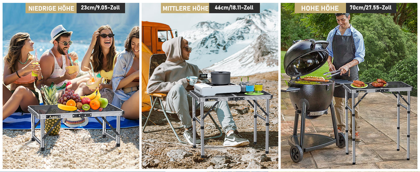 Стіл для кемпінгу Anbte Grilltisch 58x40 см, металевий, з регульованою висотою (26/48/70 см), алюмінієвий каркас, портативний, для пікніка, BBQ, саду, балкону (срібний)